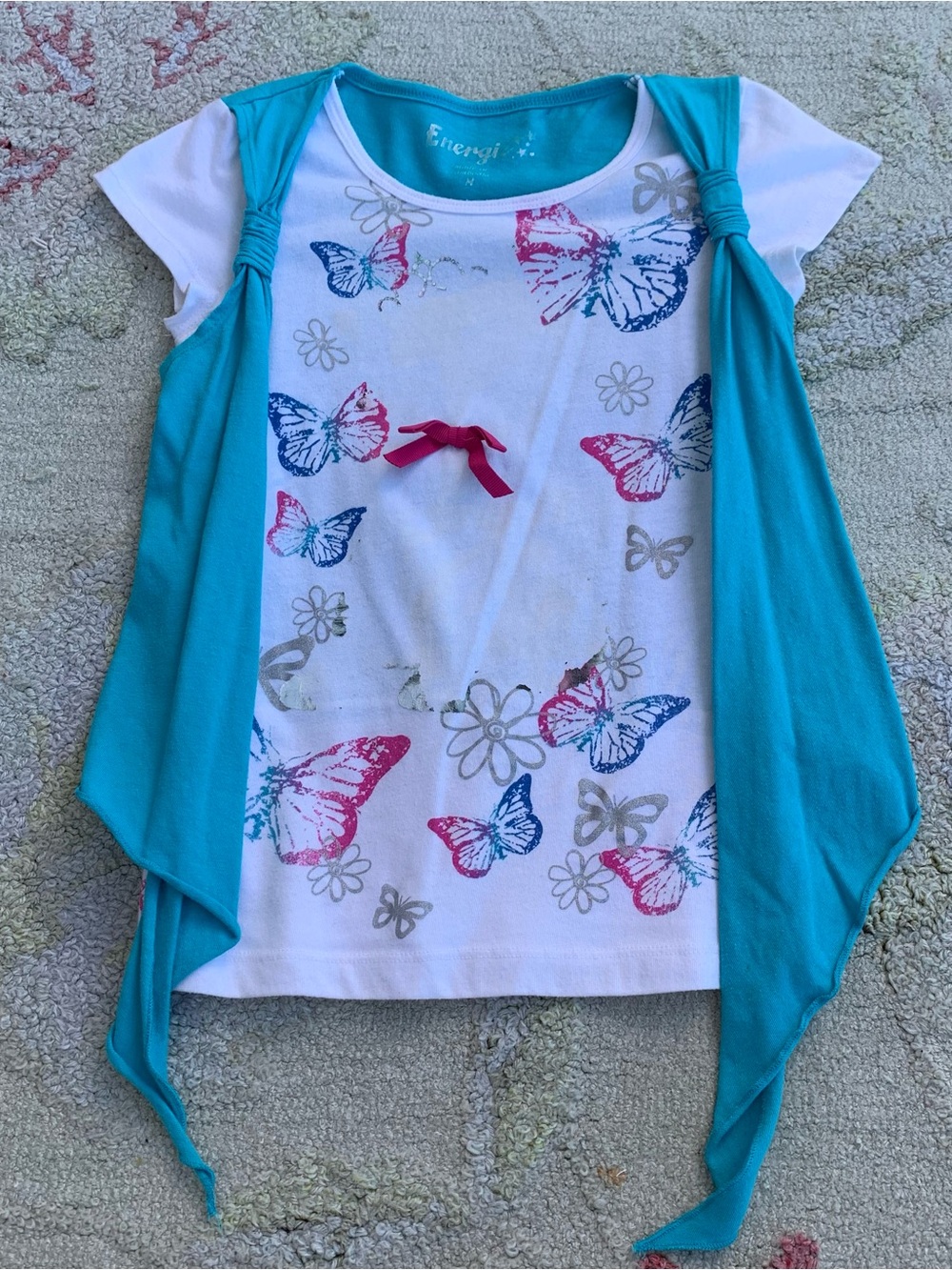 Energi Girls Butterfly Graphic T-Shirt with Teal Drape Vest Overlay size kids M